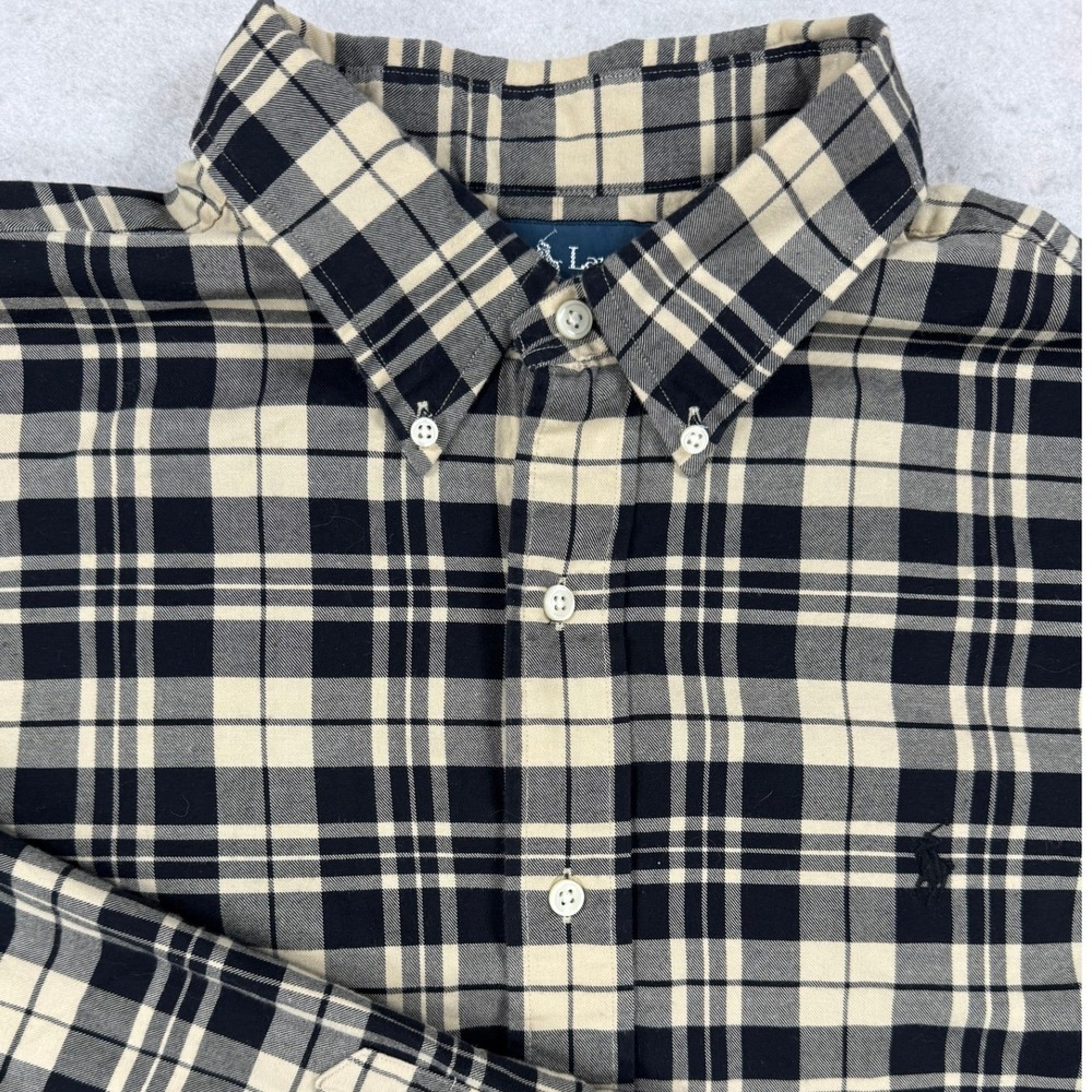 Ralph Lauren Mens Classic Fit Plaid Button Down Shirt XL Navy Blue Cream Pony